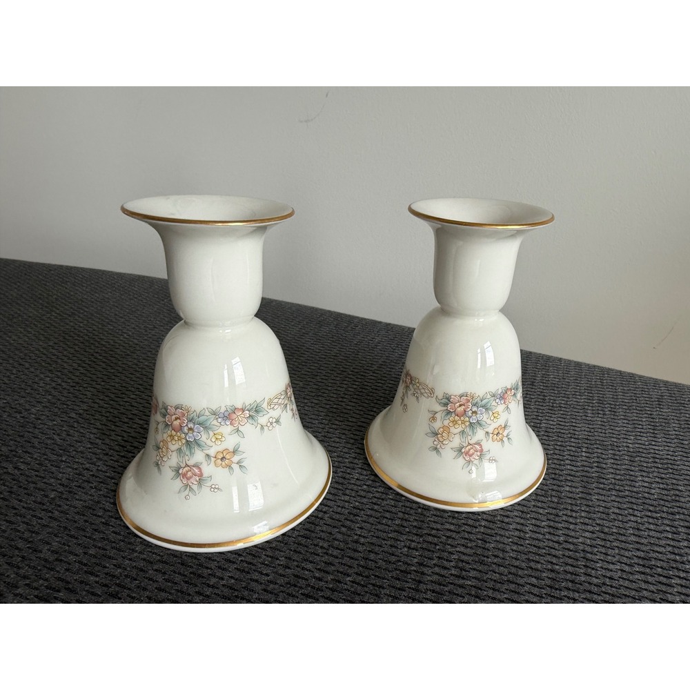Noritake Japan Vintage Floral Bone China Candlestick Holders Set of 2 Gold Rim